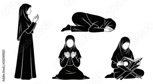 Obraz na płótnie Set of black and white illustrations of a Muslim woman performing various religious acts