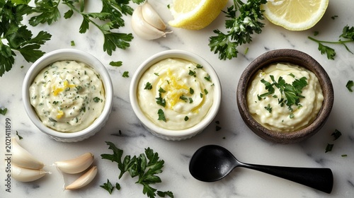 Premium aioli sauce trio in ceramic bowls with fresh parsley garlic lemon on marble surface gourmet restaurant presentation culinary condiment display