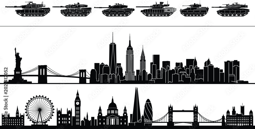 Ταπετσαρία Silhouette Set of Military Tanks and Famous International City Skyline Landmarks
