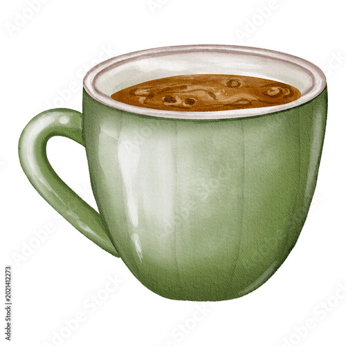An illustration of a coffee cup filled with coffee, rendered in a realistic watercolor style, as a single object against a light background.