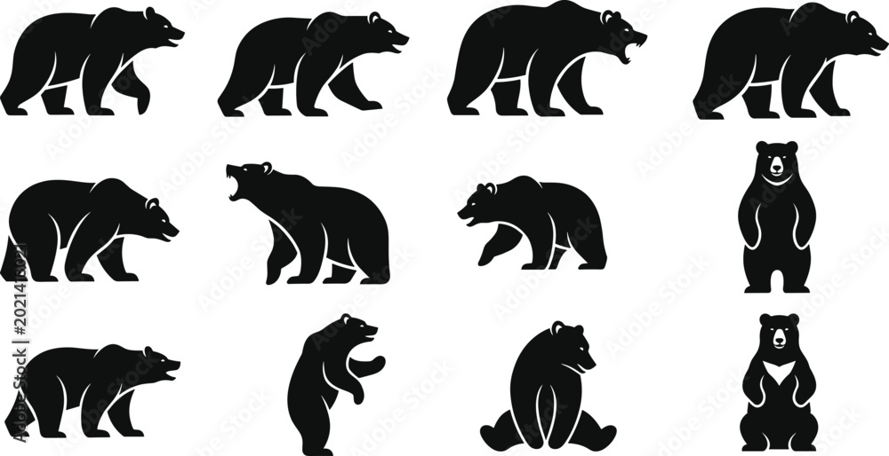 Fototapeta premium Black bear silhouette icon set showing walking, roaring, sitting, wildlife animal, forest creature, nature concept, isolated vector design illustration.