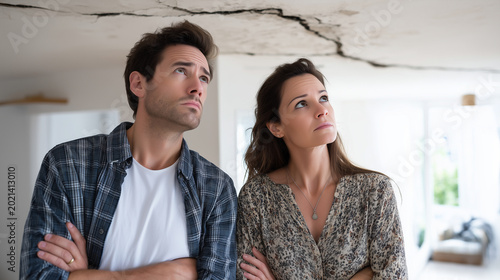 Worried young couple looking at serious cracks in wall of house they're viewing, concerned expressions, damp stains visible on ceiling, structural problems evident, natural indoor
