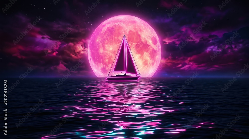 Fototapeta premium Sailboat gliding under a pink moon ocean waters digital art serene night dreamy scene