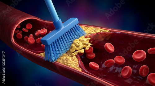 Blue broom cleaning yellow fatty deposits and cholesterol plaque from a human blood vessel with red blood cells
