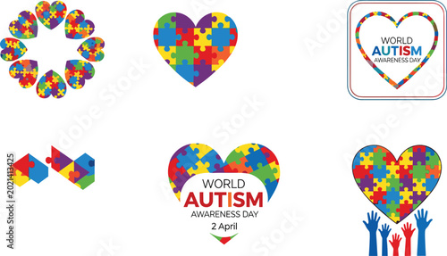 World Autism Awareness Day Vector Icon Set with Colorful Puzzle Heart Pieces for Medical Campaign Graphic Design Elements