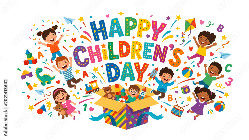 Obraz premium Happy Children's Day Celebration: A vibrant and colorful illustration of children joyfully celebrating Children's Day, surrounded by playful elements and a sense of unity and happiness.