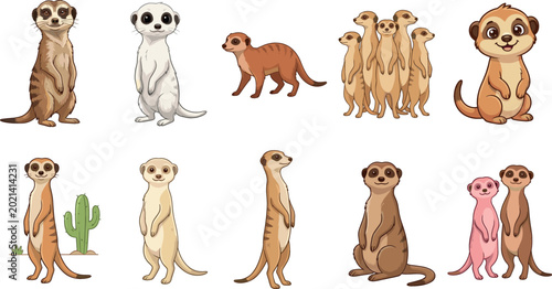 Tableau sur toile Cute meerkat character vector set featuring various poses like standing, sitting, and groups for wildlife education, children's books, and nature themed designs