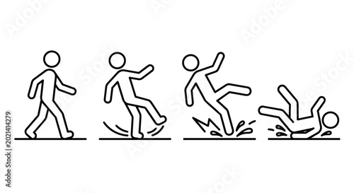 Foto Slipping and falling accident sequence icon set, minimalist line art of person walking and losing balance on wet floor for occupational safety and health warning