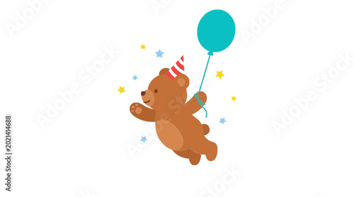 Chubby teddy bear jumping with a balloon and colorful stars