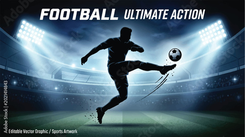 Schilderij op canvas Silhouette football player kicking ball in stadium
