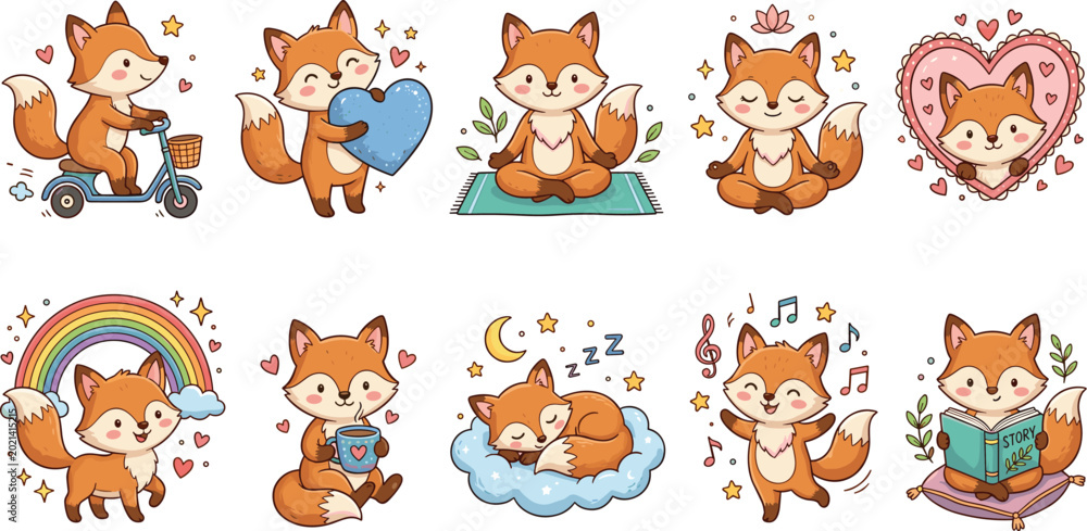 Fototapeta premium Cute fox cartoon character collection featuring yoga, sleeping, reading and happy lifestyle activities vector illustration