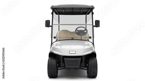 Silver golf cart, front view, white background, vehicle, transportation, golfing equipment