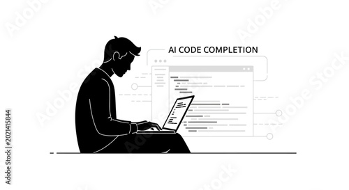 Tableau sur toile A silhouette illustration of a developer using artificial intelligence for code completion on a laptop