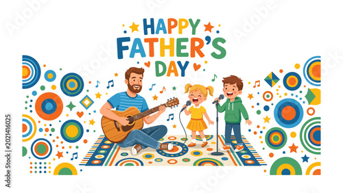 Cuadro en lienzo Happy Father's Day: A joyful scene unfolds as a father strums his guitar, accompanied by his children who sing with glee, surrounded by a festive arrangement