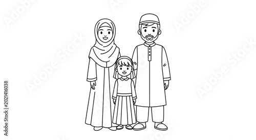 Фотография Black and white line art illustration of a Muslim family.