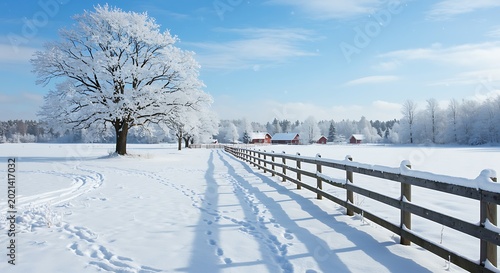 Winter landscape with snow covered fields a wooden fence and distant homes