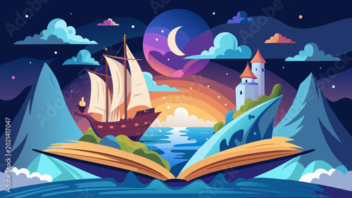 Open Book to Adventure: Sailing Ship Voyage to Distant Worlds, Fantasy Landscape, Ocean of Knowledge and Imagination.
