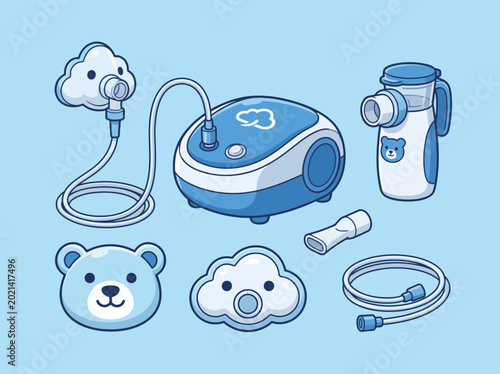 This image features a pediatric nebulizer and its accessories, emphasizing the fun, friendly design tailored for children's respiratory care to encourage usage.