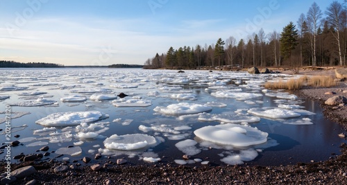 Shore line in the early spring weather with floating ice. Ruissalo, Turku Finland. February

