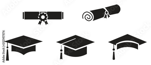 Bild auf Leinwand Graduation cap and diploma scroll icon set, black academic mortarboard vector el