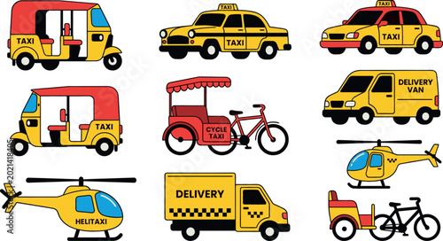 Foto Transportation vector set featuring yellow taxis, delivery vans, helicopters, auto rickshaws, and cycle taxis for city travel and logistics service designs