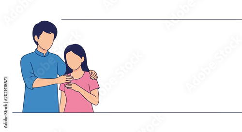 Photos A man comforting a woman with a supportive hand on her shoulder.