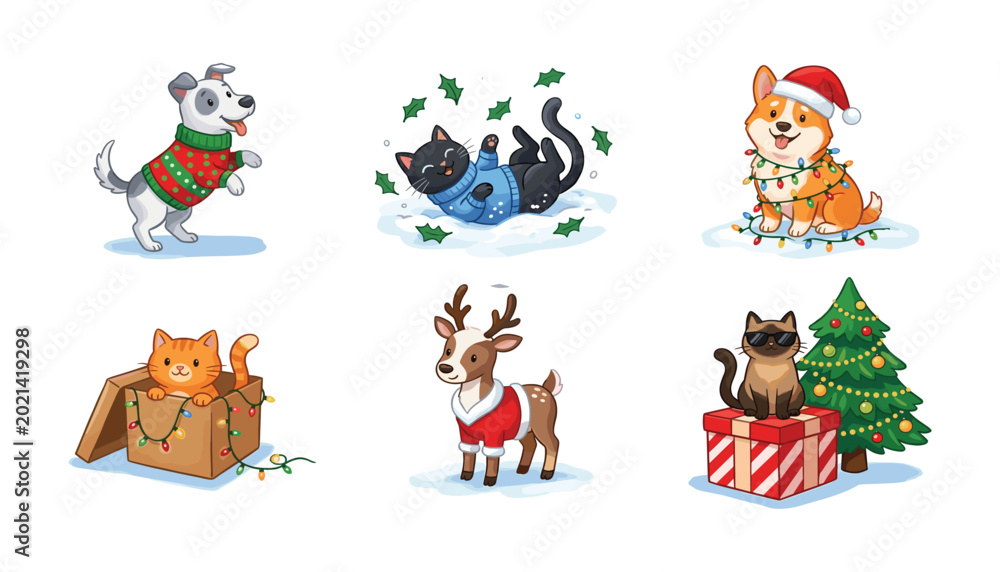 Fototapeta premium Cute Christmas Animal Illustration Set with Dog, Cat, Reindeer, and Festive Pet Characters for Holiday Celebration Designs.