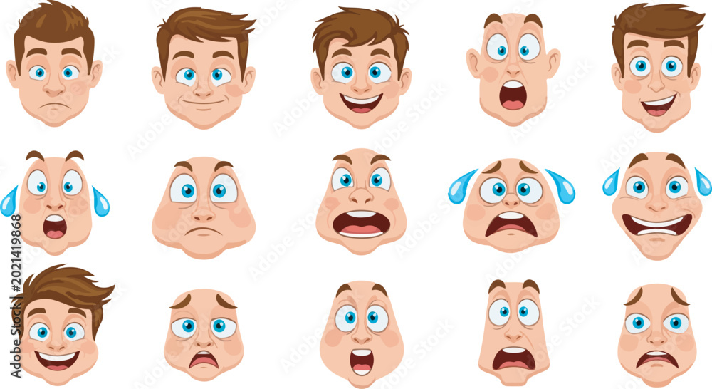 Fototapeta premium Cartoon Man Facial Expressions and Emotions Vector Set