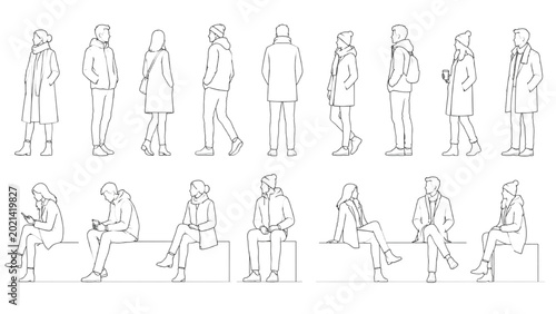 CAD vector outlines of diverse human figures in various poses, for architectural scale drawings, urban planning, and project visualization