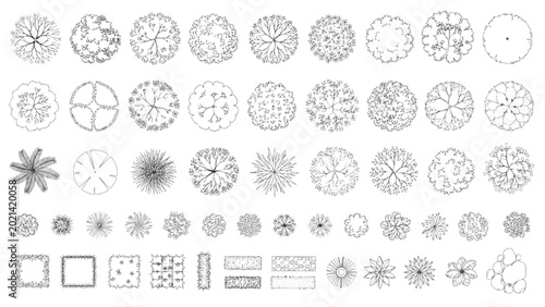 Extensive CAD library of top-view plant symbols, offering diverse trees and shrubs for precise architectural and landscape design plans and detailed site layouts