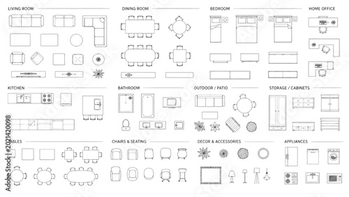 Tableau sur toile Top View Furniture and Home Decor Symbols for CAD Drawings and Architectural Flo