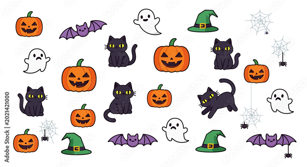 Obraz premium Tiny Black Cats and Orange Pumpkins With Whimsical Spooky Icons on a White Background