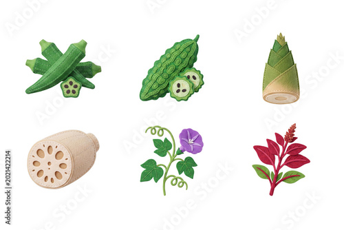 Quadro em tela 3D render set of fresh asian vegetable and plant icons in soft felt style featur