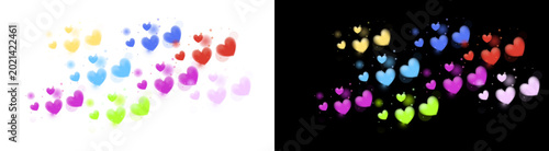 PNG isolated image of Colorful floating heart icons, vibrant glowing hearts in rainbow colors, romantic bokeh heart shapes for wedding and valentine design isolated on Transparent Background