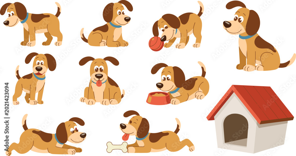 Fototapeta premium Cute Dog Character Set with Puppy Playing Eating Sleeping Fetching Bone and Doghouse Pet Illustration