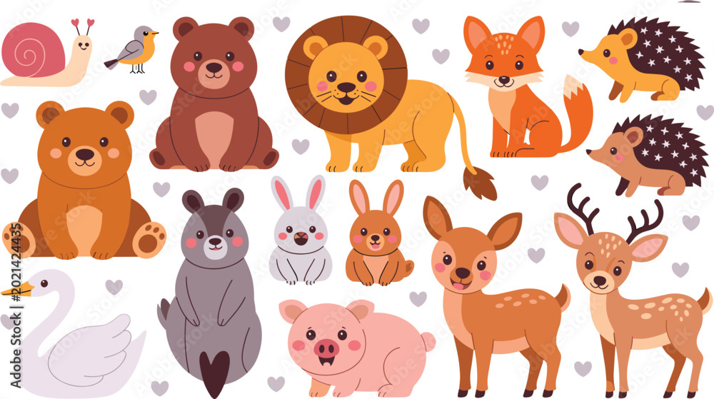 Fototapeta premium Cute Woodland Animal Character Set with Bear Lion Fox Rabbit Deer Swan Hedgehog and Forest Wildlife Illustration
