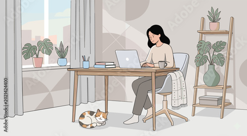 Photos Young woman typing on a laptop in a brightly lit home office with plants