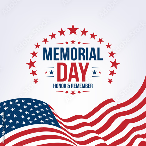 Memorial day honor and remember usa flag waving banner vector illustration, patriotic stars circle above text, holiday remembrance theme.