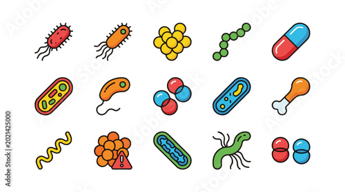 Foto Medical Microbiology Icon Set Featuring Bacteria Viruses and Pills