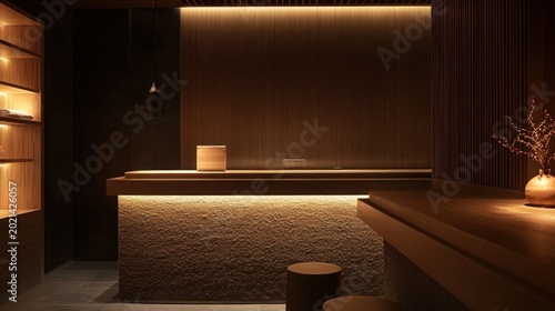 Modern spa reception area with warm lighting and zen-like decor