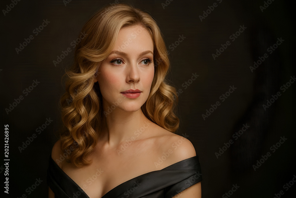Naklejka premium Elegant Blonde Woman With Vintage Wavy Hairstyle Wearing Black Evening Dress in Dramatic Studio Lighting for World Blonde Day Beauty Campaign