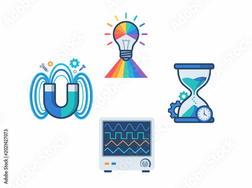 Fotografie This image features various scientific symbols representing innovation, technology, and the fusion of human creativity with engineering and data analysis in modern society
