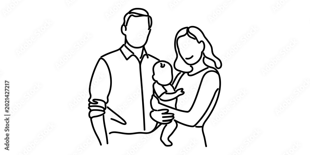 Fototapeta premium Simple line art of a happy family with a baby, father holding baby and mother standing next to them