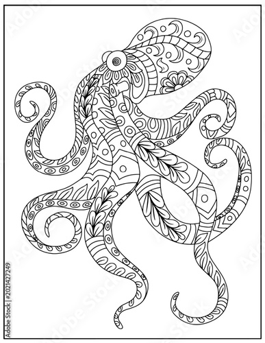 Photography Octopus Mandala Coloring Page Artwork with Geometric and Floral Elements, Relaxing Adult Coloring Design in Black and White Line Art