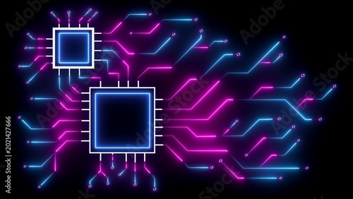 Photos Dual microprocessor chips connected by glowing neon blue and pink circuitry line