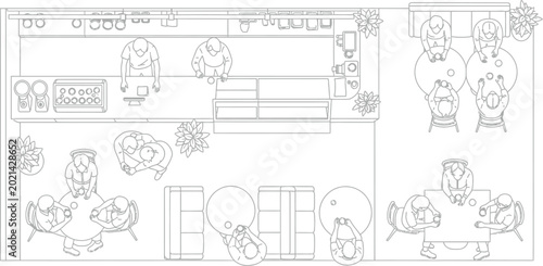 Architectural floor plan of busy modern coffee shop with customers sitting at tables and baristas working behind counter in top down view line art vector illustration style