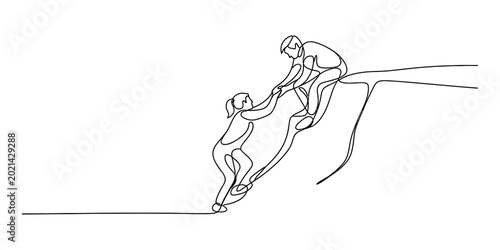 One line drawing of a person helping another person climb up a steep hill, teamwork and support concept Vector, illustration