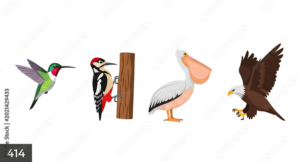 Fototapeta premium Set of various birds including hummingbird, woodpecker, pelican, and bald eagle