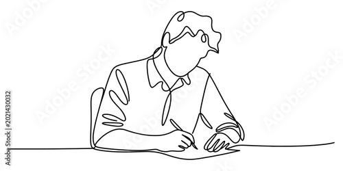 Cuadro en lienzo Single line drawing of a person writing with a pen on paper at a table, focused