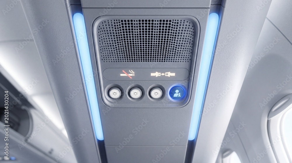 Fototapeta premium Close-up of aircraft passenger service panel with reading light, seatbelt and no smoking signs, attendant call button and blue cabin illumination.